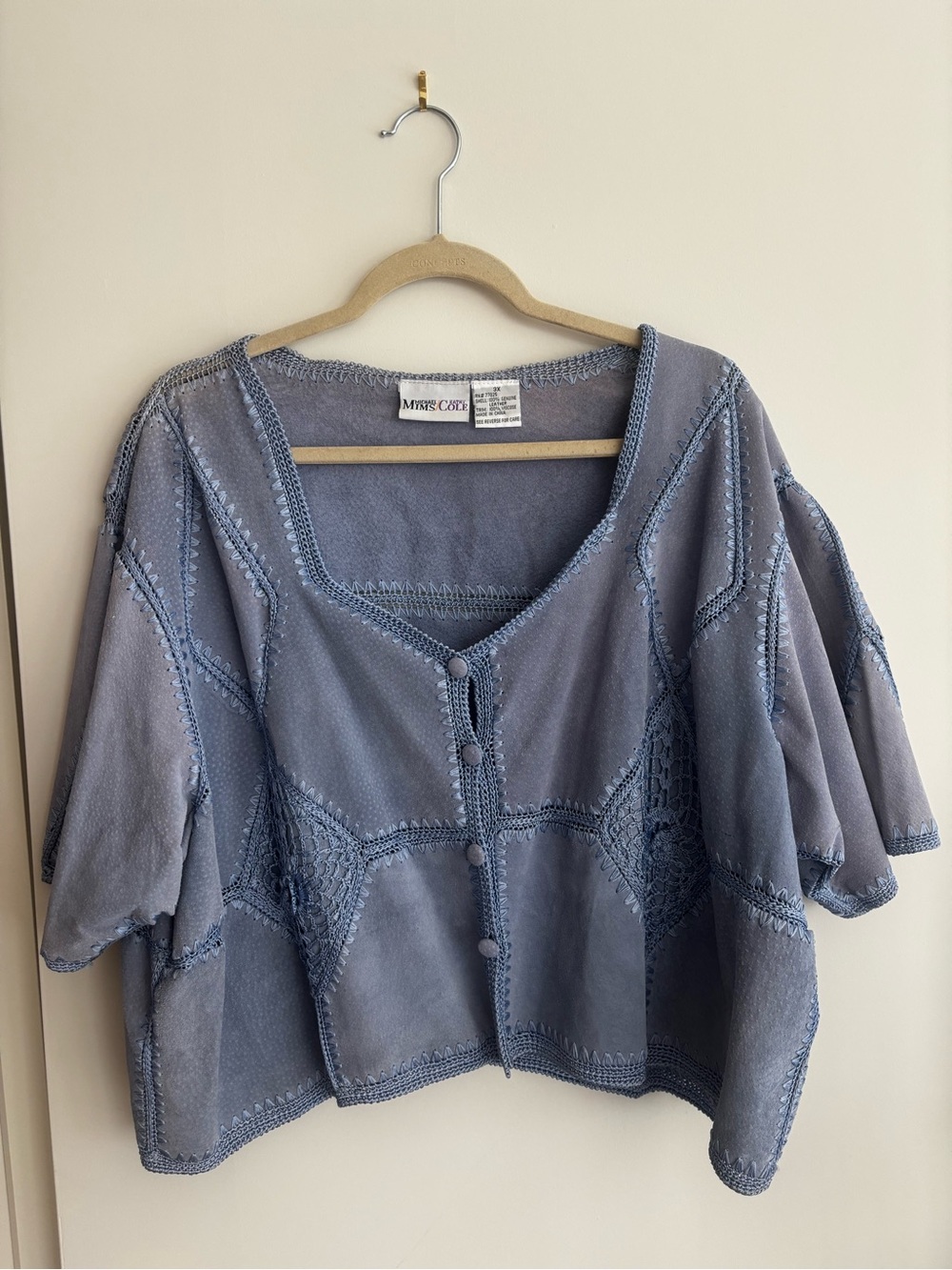 Vintage Light Blue Suede and Crochet Panel Button-Front Top